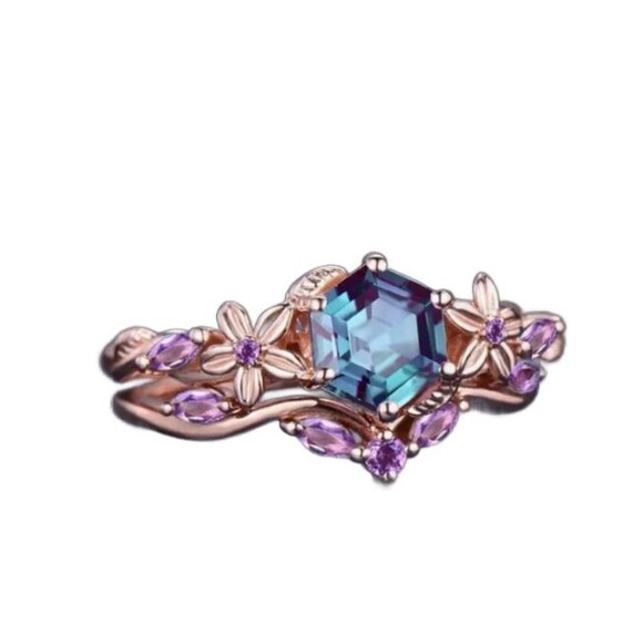 Blue Polygon Stone Ring Gold Band Flowers Lilac Size 8 - Picture 6 of 9